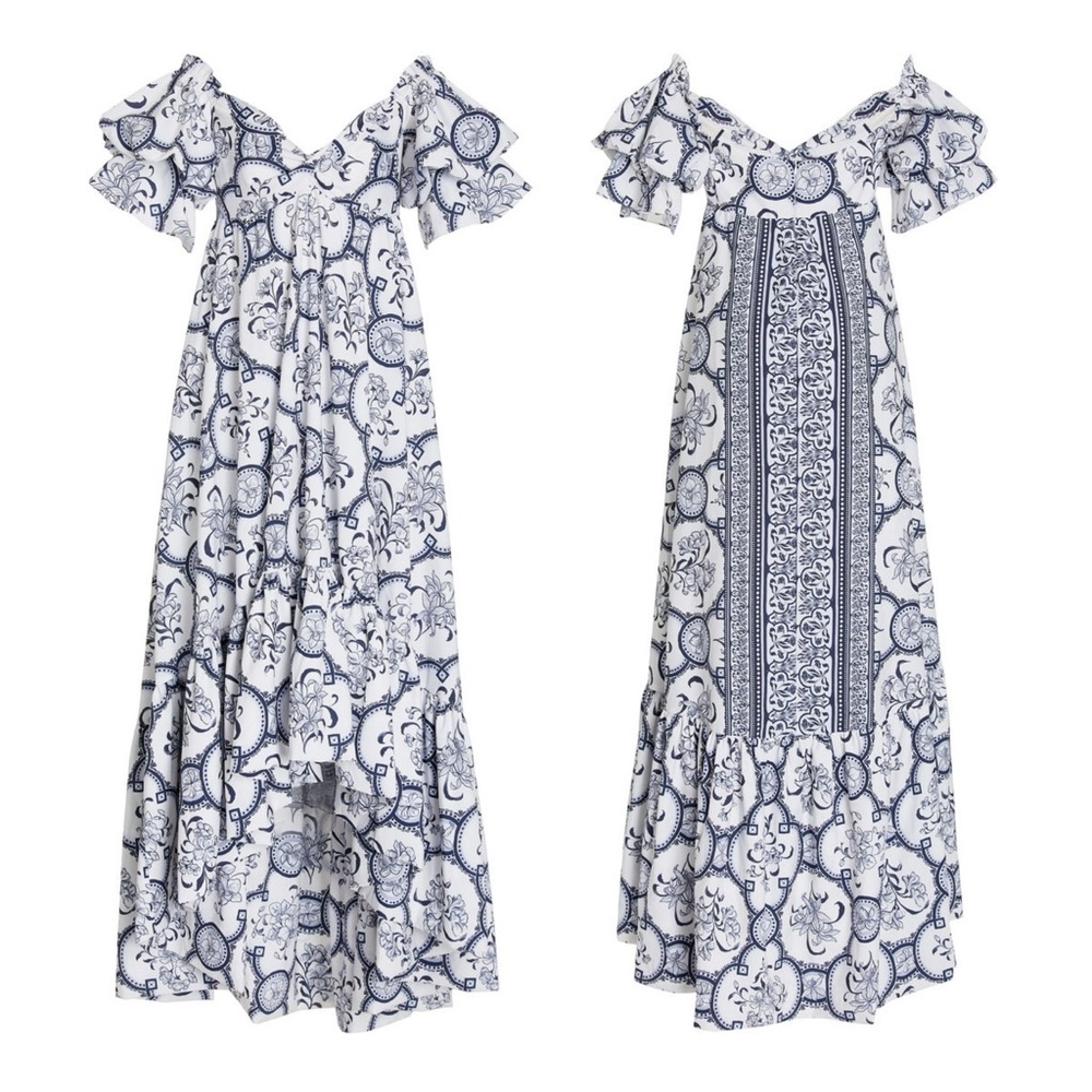 Andres Otalora Raquira Off-Shoulder Floral Tile Maxi Dress Blue White Size 4 - Picture 6 of 12